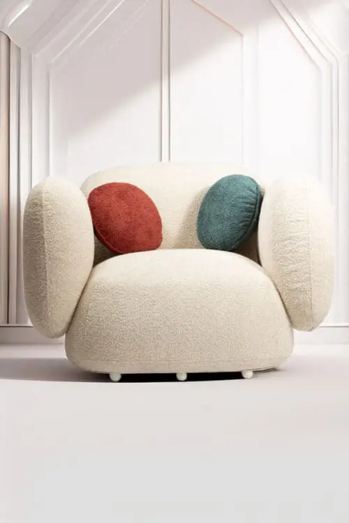 Fauteuil Lora in creme kleur van teddy stof in japandi stijl
