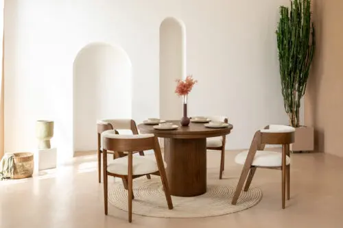 Eetkamertafel Noah | Bruin | Uitschuifbaar inclusief 4 bijpassen japandi eetkamerstoelen